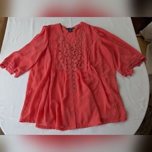 Denim 24/7 Coral Lace-Trim V-Neck Button Blouse